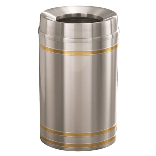 Glaro Capri 33 Gallon Funnel Top Waste Receptacle, Satin Aluminum with Satin Brass Bands